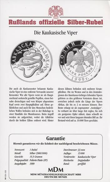 RUSSLAND 1 Rubel Silber 1999 Kaukasische Viper