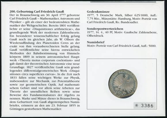 BRD 1977/1990 Numisbrief 200. Geburtstag Carl Friedrich Gauß