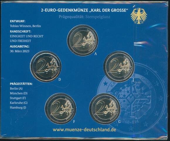 BRD 2023 5 x 2 Euro 1275. Geburtstag Karl der Große