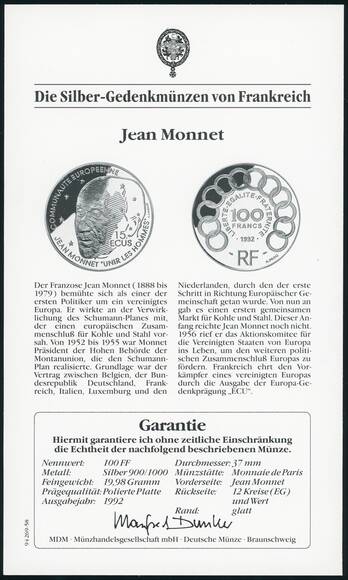 FRANKREICH 100 Francs - 15 Ecu 1992 Jean Monnet