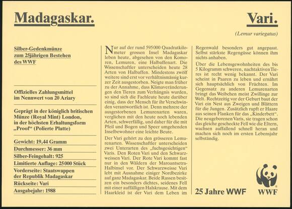 MADAGASKAR 20 Ariary 1988 Schwarzweißer Vari 25 Jahre WWF