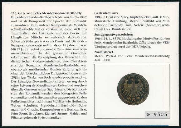 BRD-DDR 1984/1984 Numisbrief 175. Geb. von Felix Mendelssohn-Bartholdy