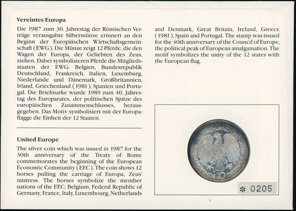 BRD 1987/1989 Numisbrief Vereintes Europa