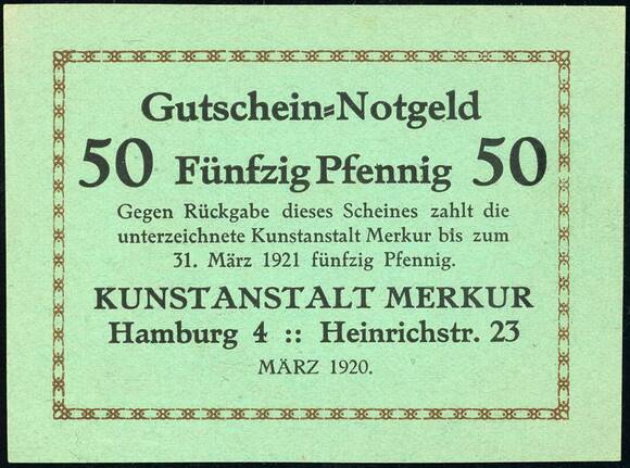 Hamburg 1920 Kunstanstalt Merkur 540.1 50 Pfg.