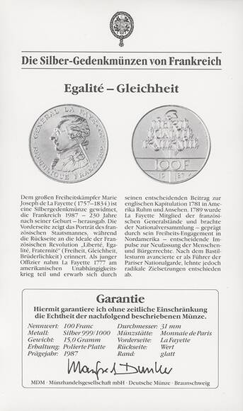 FRANKREICH 100 Francs 1987 La Fayette