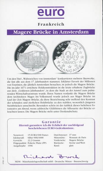 FRANKREICH 100 Francs 15 Euro 1996 Magere Brug