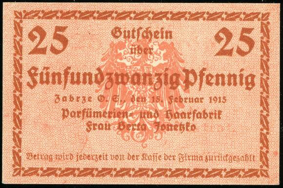 Hindenburg 1915 Parfümerie- und Haarfabrik Berta Jonetzko 610.1 25 Pfg.