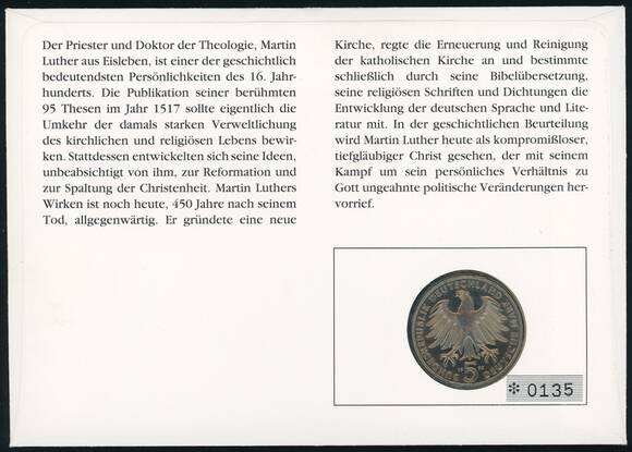 BRD 1983/1996 Numisbrief Martin Luther 450. Todestag