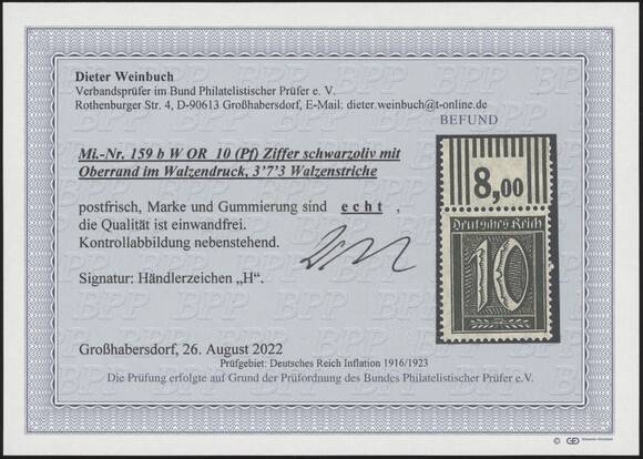 DR 1921 MiNr. 159 b W OR Walzendruck-Oberrand