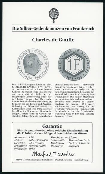FRANKREICH 1 Franc Silber 1988 Charles de Gaulle
