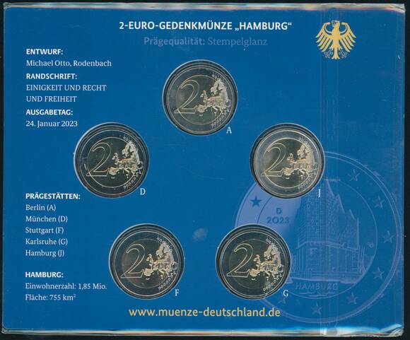 BRD 2023 Serie Bundesländer II 5 x 2 Euro Hamburg - Elbphilharmonie