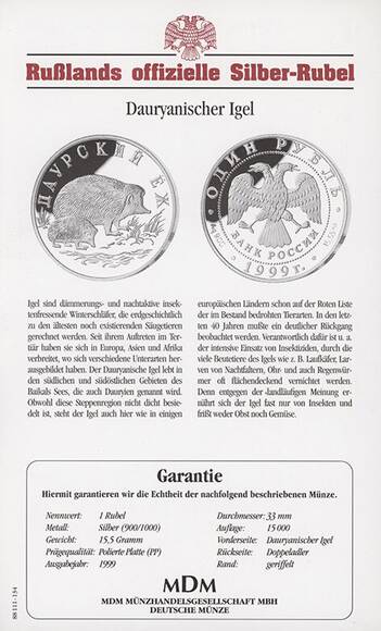 RUSSLAND 1 Rubel Silber 1999 Daurischer Igel