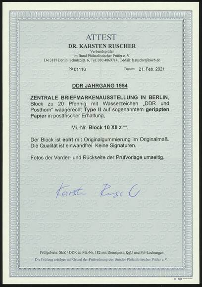 DDR 1954 Block 10 XII z geripptes Papier