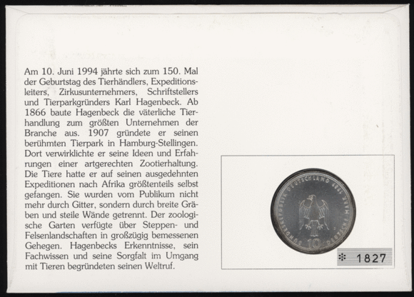 BRD 1989/1994 Numisbrief "Hagenbecks Tierpark"