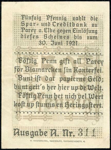 Parey a. d. Elbe 1921 Spar- und Creditbank 1047.1 a) 50 Pfg.