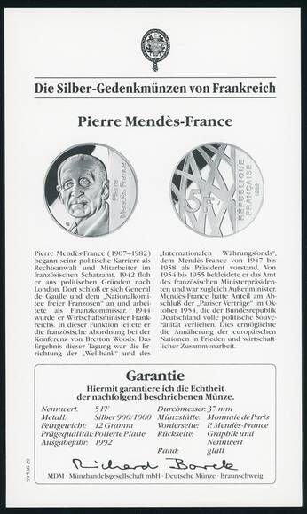 FRANKREICH 5 Francs 1992 Silber Pierre Mendès-France