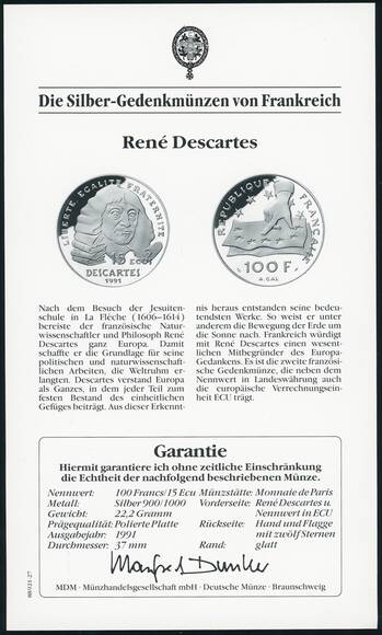 FRANKREICH 100 Francs - 15 Ecu 1991 Descartes