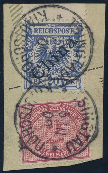 KIAUTSCHOU 1900 MiNr. V 37 e, V 4 I auf Briefstück