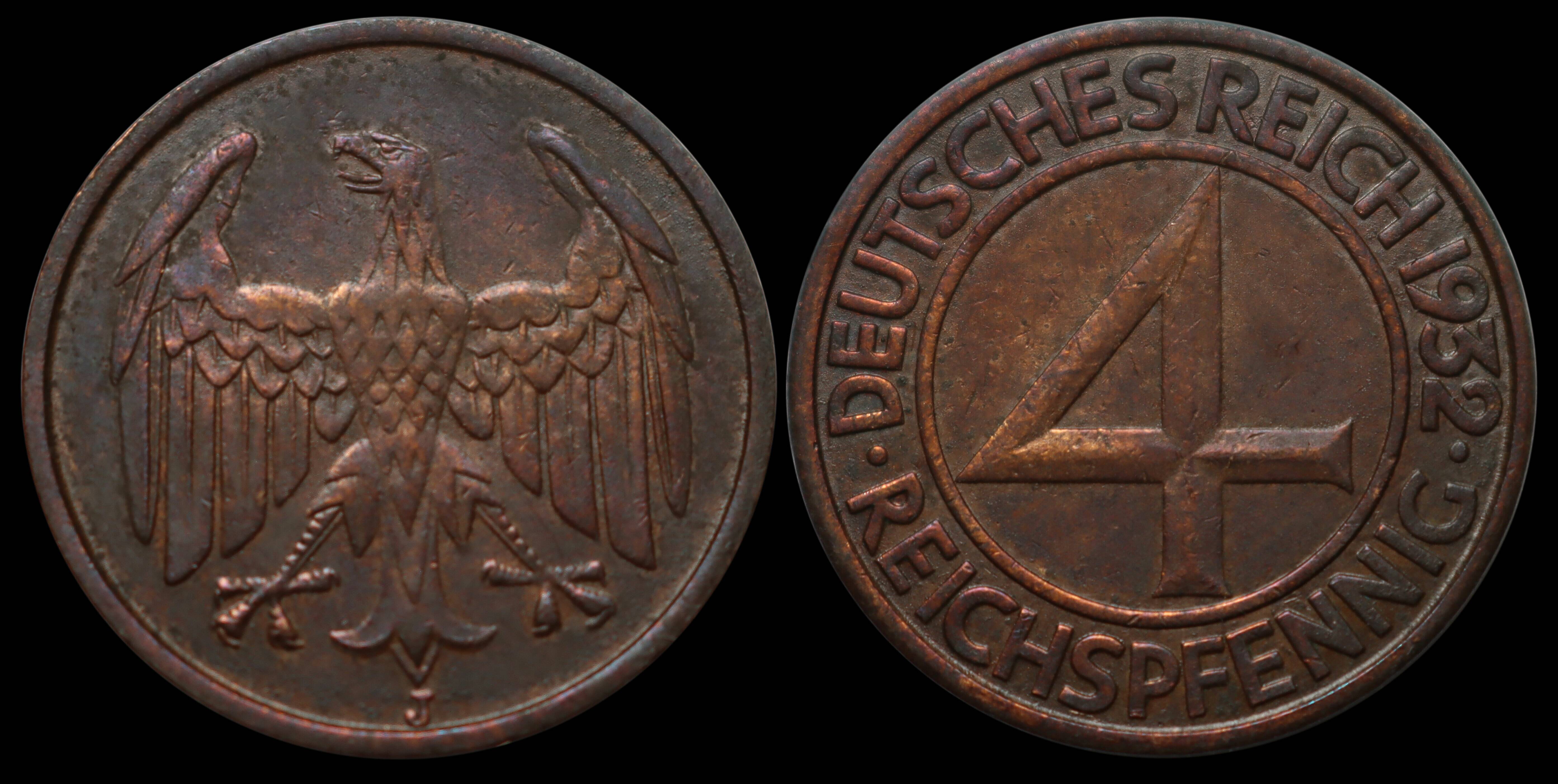WEIMAR 4 Reichspfennig, 1932 J, Jaeger 315