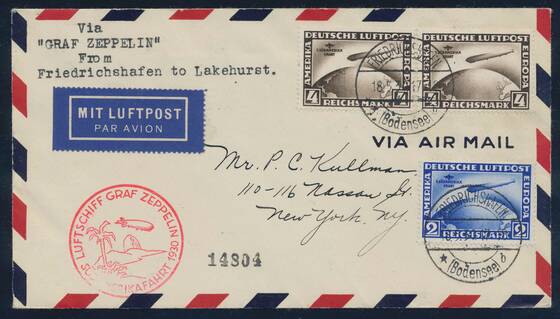 DR 1930 Zeppelinbrief der Südamerikafahrt des LZ 127 mit MiNr. 438 X und 2mal 439 X