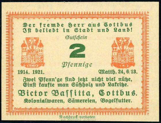 Cottbus 1921 Victor Bassitta 242.1 a) 2 Pfg.