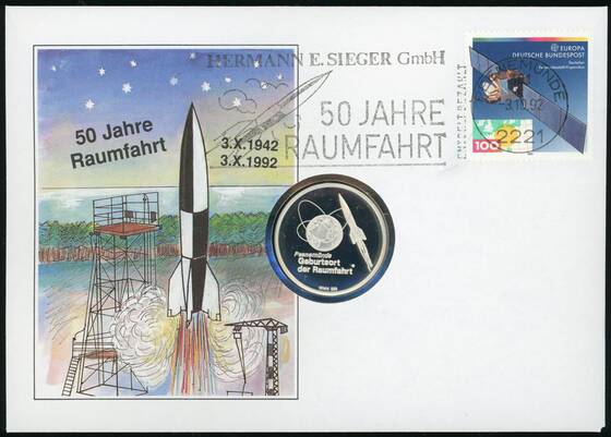 BRD 1992 Medaillenbrief 50 Jahre Raumfahrt