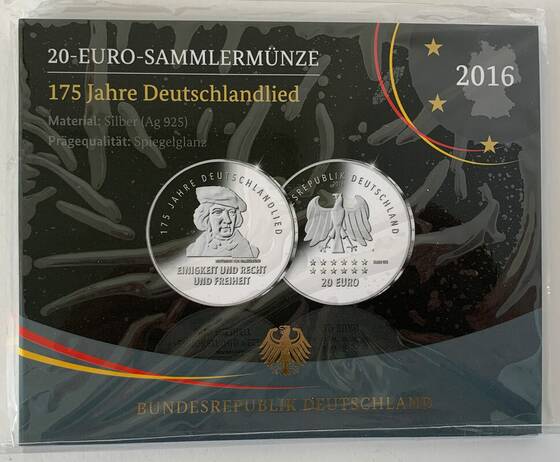 BRD 20 Euro 2016 J 175 Jahre Deutschlandlied