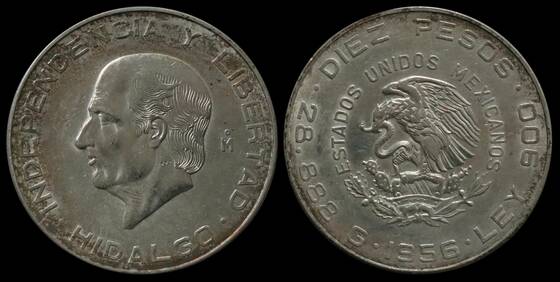 MEXIKO 10 Pesos Silber 1955-1956 Miguel Hidalgo Costilla