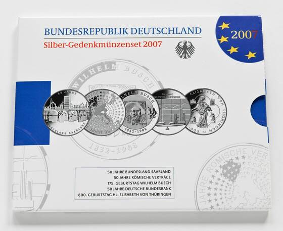BRD 2007 Silber-Gedenkmünzen 5mal 10 Euro