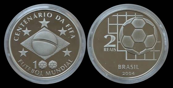 BRASILIEN 2 Reais Silber 2004 100 Jahre FIFA
