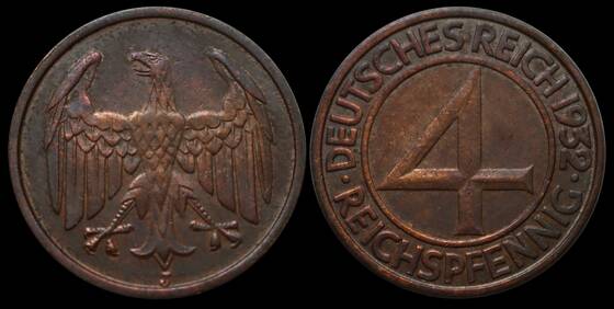 WEIMAR 4 Reichspfennig, 1932 J, Jaeger 315