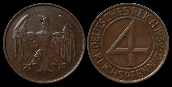 WEIMAR 4 Reichspfennig, 1932 A, Jaeger 315