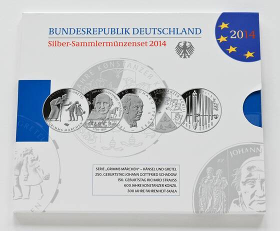 BRD 2014 Silber-Gedenkmünzen 5mal 10 Euro