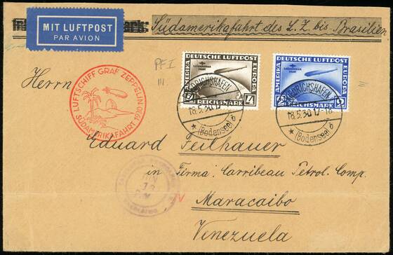 DR 1930 Zeppelinbrief der Südamerikafahrt des LZ 127 mit MiNr. 438 Y und 439 X I