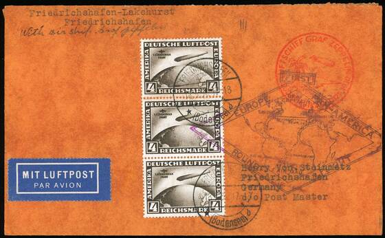 DR 1930 Zeppelinbrief der Südamerikafahrt des LZ 127 mit 3mal MiNr. 439 X