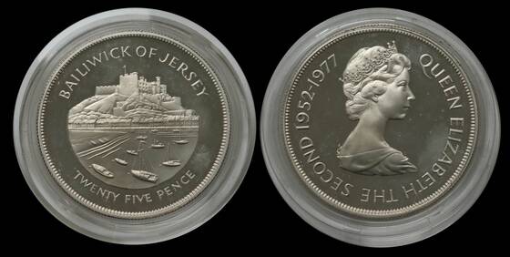 JERSEY 25 Pence, Silber, 25. Jahrestag der Thronbesteigung Queen Elizabeth II.