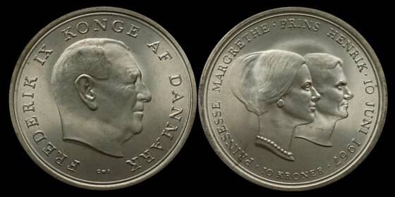 DÄNEMARK 10 Kroner Silber 1967 Hochzeit von Margrethe und Henri