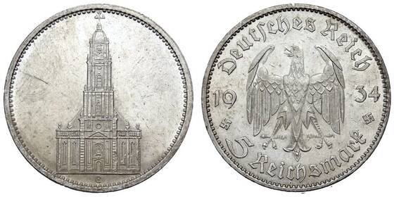DRITTES REICH 5 Reichsmark Garnisonkirche ohne Datum 1934-1935 Jaeger 357 