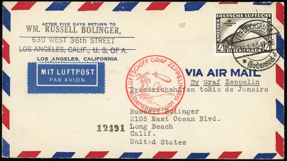 DR 1930 Zeppelinbrief der Südamerikafahrt des LZ 127 mit MiNr. 439 Y