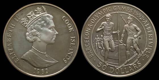 COOK-INSELN 50 Dollars Silber 1989 Olympische Spiele 1992