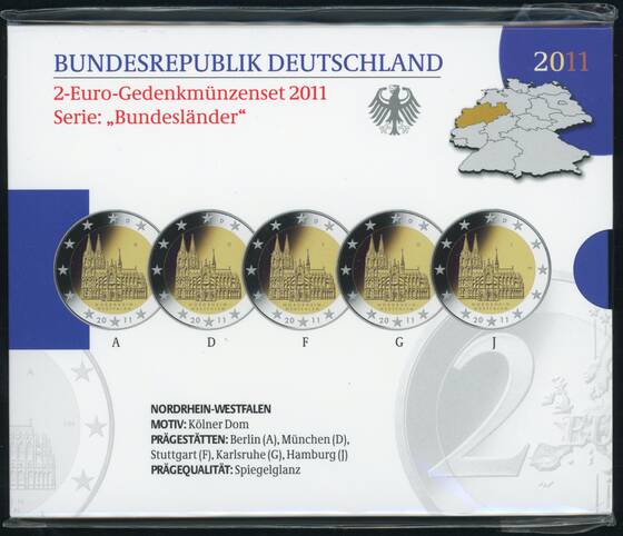 BRD 2011 Serie Bundesländer Nordrhein-Westfalen 5 x 2 Euro PP