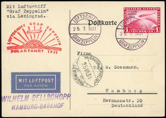 DR 1931 Zeppelinkarte der Polarfahrt des LZ 127 mit MiNr. 456