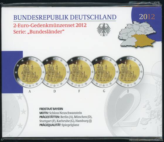 BRD 2012 Serie Bundesländer Bayern 5 x 2 Euro PP