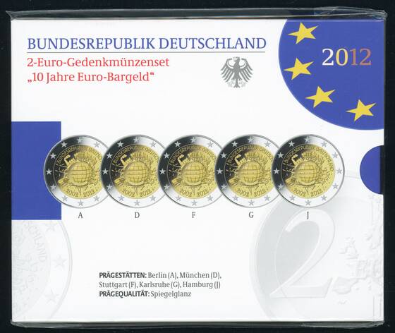 BRD 2012 10 Jahre Euro-Bargeld 5 x 2 Euro PP