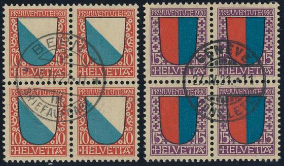 SCHWEIZ 1920 MiNr. 154-155 zentrisch gestempelte Viererblocks