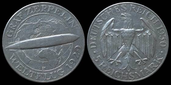 WEIMAR, 5 Reichsmark, 1930 J, Graf Zeppelin, Jaeger 343