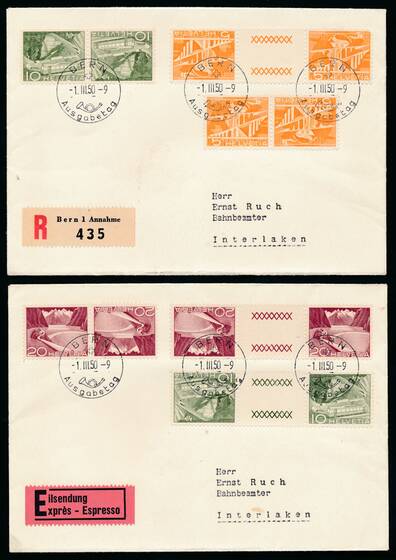 SCHWEIZ 1950 Zusammendrucke K 41-43, KZ 17-19 D auf Ersttagsbriefen
