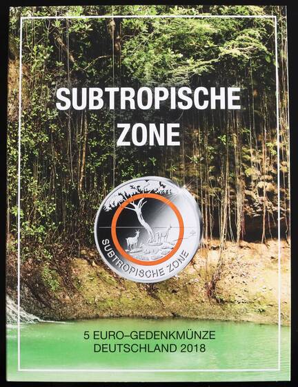 BRD 2018 Subtropische Zone Folder mit 5 Euro Polymer und Silbermedaillen