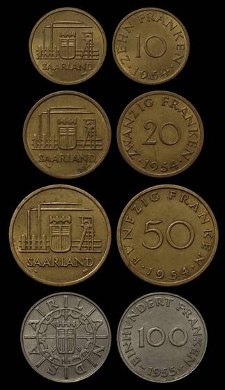 SAARLAND 1954-1955, Gebiet mit vier Münzen komplett