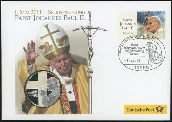 BRD 2011 Medaillenbrief Seligsprechung Johannes Paul II. mit Feinsilbermedaille